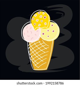 Ilustración vectorial de un helado de helado sobre fondo negro para banner, carteles, menú, anuncio de café, diseño de productos. Dibujo de Doodle con sabrosos colores pastel para web o impresión