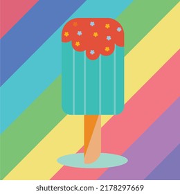 Vector illustration of ice cream on rainbow background . Icecream in pink and blue colors on rainbow background.