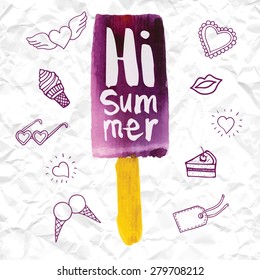 Vector illustration with ice cream on a stick. Poster with the phrase hi summer. Watercolor doodling with violet dessert against the backdrop of crumpled paper. Berry flavor.