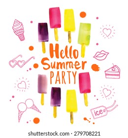 Vector illustration with ice cream on a stick. Poster with the phrase hello summer party. Watercolor doodling with colorful dessert and splashes of pink and orange paint.