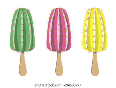 Vector illustration with ice cream on a stick in the form of a cactus. Three color variations. A bright funny print for the summer.