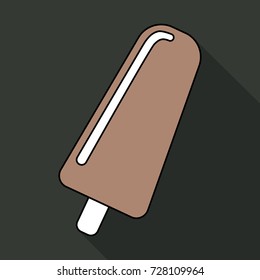 Vector illustration of ice cream on a wooden stick in flat style isolated on black background with shadow. Vector illustration
