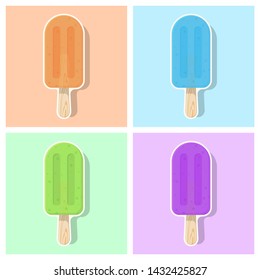 Vector illustration of ice cream or popsicle in cartoon style with bright colors and shadows on a light isolated background in different colors
