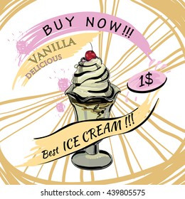 Vector illustration of Ice Cream with price. Popsicle on a white background. Popsicle colorful poster. Cream ice cream. Poster design for festival, template