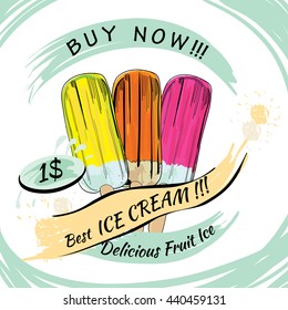 Vector illustration of Ice Cream with price. Popsicle on a white background. Popsicle colorful poster. Cream ice cream. Poster design for festival, template