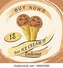 Vector illustration of Ice Cream with price. Popsicle on a white background. Popsicle colorful poster. Cream ice cream. Poster design for festival, template