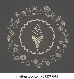 Vector illustration of ice cream in a round frame from sweets