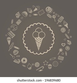 Vector illustration of ice cream in a round frame from sweets