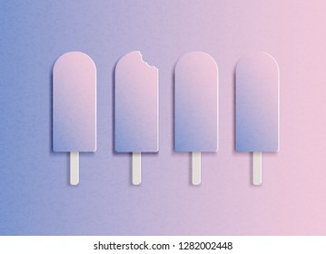 Vector illustration ice cream in a row in minimal style. On one ice cream mark from the teeth. Concept of difference from others. In the style of cut paper.
