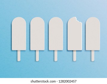 Vector Illustration Ice Cream In A Row In Minimal Style. On One Ice Cream Mark From The Teeth. Concept Of Difference From Others. In The Style Of Cut Paper.