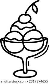 Vector illustration of ice cream in a saucer, drawn by hand contour. Cute cartoon illustration for coloring books.   An element for design, mobile devices and a web application icon.