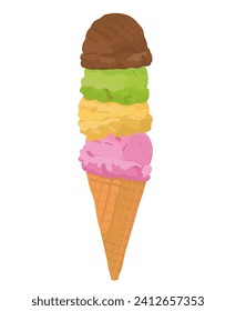 Vector illustration of ice cream scoop with different toppings in a waffle cone. Sweet summer dessert.