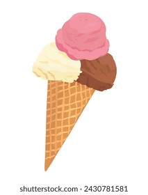 Vector illustration of ice cream scoop with сhocolate, strawberry and vanilla toppings in a waffle cone. Sweet summer dessert.