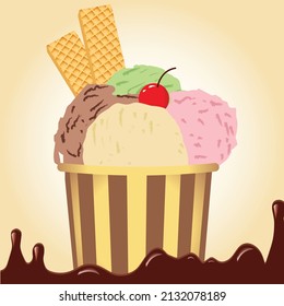 Vector illustration of ice cream scoops in striped and brown paper cups isolated on beige chocolate background