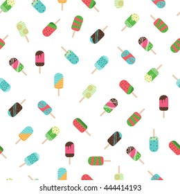 Vector illustration of ice cream seamless pattern. Colorful flat design. Isolated on white background. Cartoon dessert.