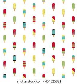 Vector illustration of ice cream seamless pattern. Colorful flat design of cartoon dessert. Isolated on white background.