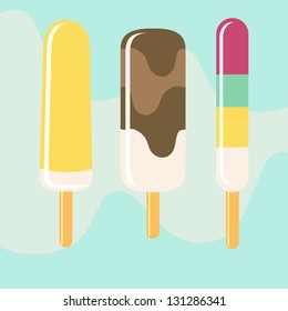 Vector illustration of ice cream. Set of ice cream on a stick on a blue background.