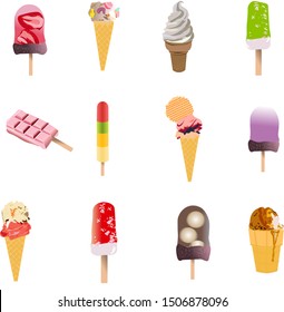 Vector illustration of ice cream set. Color set of ice cream of different kinds.
