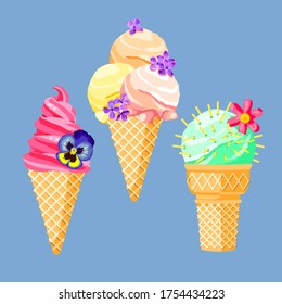 vector illustration ice cream set with flowers