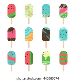 Vector illustration of ice cream set. Colorful flat design of ice cream collection. Isolated on white background. Cartoon dessert.