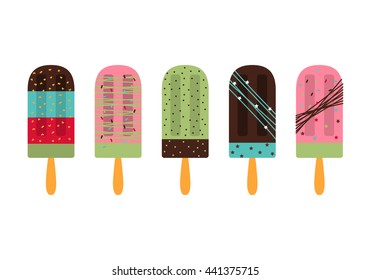 Vector illustration of ice cream set. Colorful flat design of ice cream collection. Isolated on white background. Cartoon dessert.