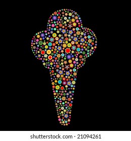 Vector illustration of ice cream shape  made up a lot of  multicolored small flowers on the black background