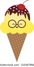 Vector illustration of ice cream with smiling face in cartoon style. Vector cartoon character