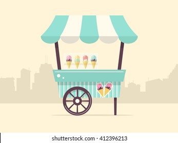 Vector Illustration of ice Cream Stand with City Skyline. Flat Design Style. 