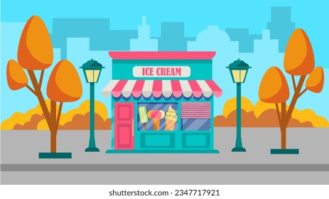 Vector illustration of an ice cream  store. exterior facade of the store building in the autumn city. The facade of sweet shop. Vector illustration in flat cartoon style.