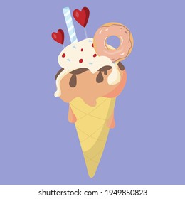 Vector illustration of ice cream with straw, heart and donut