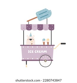 Vector illustration of ice cream tent, wagon and polar bear. Street selling wagon with sweet food