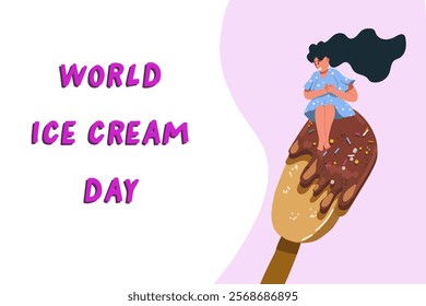 Vector illustration of ice cream. Tiny cute female character on huge ice cream. Horizontal banner. World Ice Cream Day. Hand drawn vector.