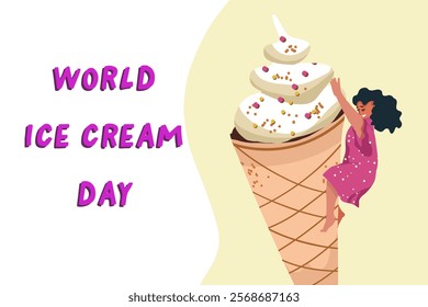 Vector illustration of ice cream. Tiny cute female character on huge ice cream. Horizontal banner. World Ice Cream Day. Hand drawn vector.