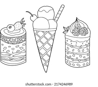 vector illustration of ice cream and two dessert on a white background
