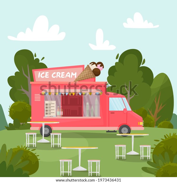 Vector illustration of an ice cream van in the\
park. Roof cone. For design, web, graphics. Cartoon style. Ice\
cream truck. Mobile store. flat style. tables and chairs for\
relaxing and eating in\
nature