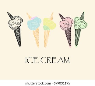Vector illustration. Ice cream and vintage freezer. Element of seamless pattern. Pen style vector sketch .