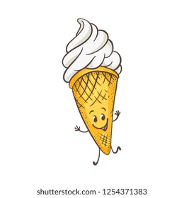 Vector illustration of ice cream in wafer cone cartoon character with smiling face in sketch style - cute hand drawn mascot of sweet cold dessert waving hand isolated on white background.