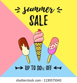 Vector illustration of Ice cream in the waffle cone with vanilla, chocolate, fruits isolated on blue, yellow, pink triangle . Cute doodle style illustration with Summer sale text for product design.