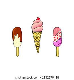 Vector illustration of Ice cream in the waffle cone with vanilla, chocolate, fruits. Cute doodle style illustration for product design. bright ice cream in a flat style isolated on a white background.