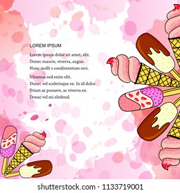 Vector illustration of Ice cream in the waffle cone with vanilla, chocolate, fruits with pink watercolor spots. Summer background exclusive offer design template, for banner, greeting card, poster.