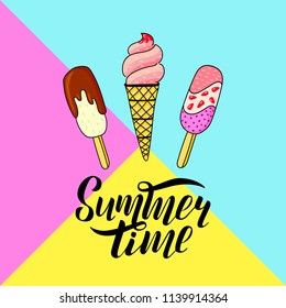 Vector illustration of Ice cream in the waffle cone with vanilla, chocolate, fruits and summer time black text isolated on a blue,yellow,pink bright background. Vector lettering summer card, poster.