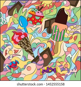 Vector illustration of ice cream in a waffle cone. Abstract graphics for wallpapers, textile backgrounds and book covers.
