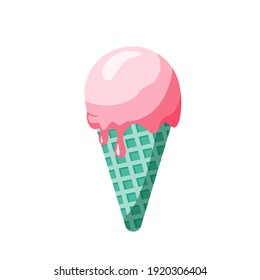 Vector illustration of ice cream in a waffle cone. Icecream in pink and blue colors isolated on white background idea for a poster, postcard, t-shirt.