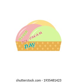 Vector illustration of ice cream in a waffle cup symbolizing World Ice Cream Day on a white background. For various purposes of your design. Sign, logo, banner, poster.