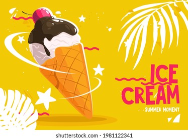 Vector illustration of ice cream with waffle cone, chocolate icing and cherry, on a background with a tropical motif