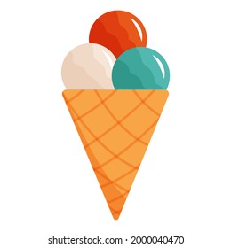 Ilustración vectorial de helado en cono de gofre en dibujo plano. Sabrosos dulces de verano, sorbete, descomposición