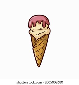 Vector illustration of ice cream in a waffle cone. Icecream in pink and blue colors isolated on white background idea for a poster, postcard, t-shirt.