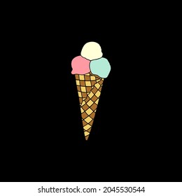 Vector illustration with ice cream in a waffle glass on a black background.