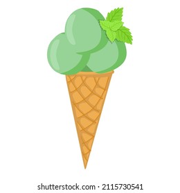 Vector illustration of ice cream in a waffle cone with mint leaves. Three scoops of kiwi ice cream.