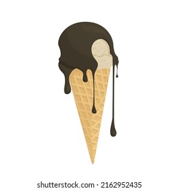 Vector illustration of ice cream in a waffle cone. Isolated Ice cream with chocolate. Idea for a poster, postcard, t-shirt. Healthy food for takeout, bar or restaurant menu. Cartoon style. Summer vibe